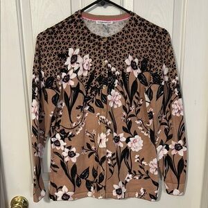 IsaacMizrahi Live Floral Tan Cardigan. Button front. Size XS